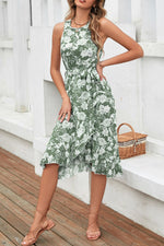 Floral Tie-Waist Ruffled Sleeveless Dress