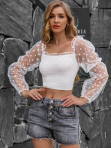 Smocked Frill Trim Spliced Mesh Cropped Top