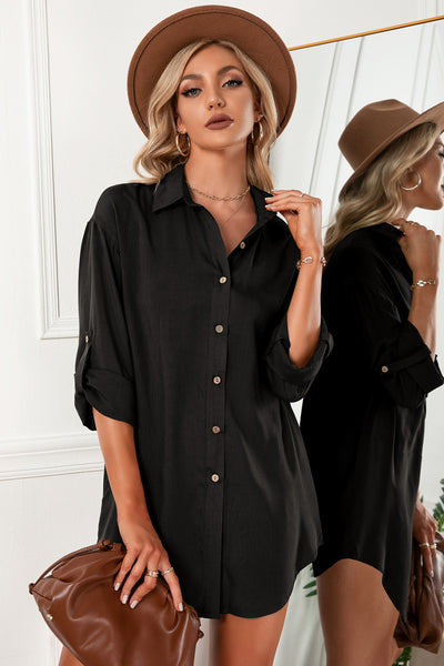 Solid Button Up Drop Shoulder Blouse