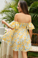 Floral Off-Shoulder Smocked Ruffle Sleeve Dress