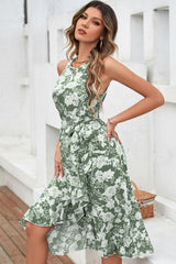Floral Tie-Waist Ruffled Sleeveless Dress