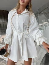 Drawstring Balloon Sleeves Belted Mini Shirt Dress