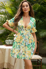 Floral Open Back Pleated Plunge Mini Dress