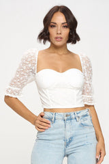 Chocolate USA Lace Half Sleeve Sweetheart Neck Cropped Top