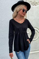 Waffle Knit Babydoll Top with Button Detail