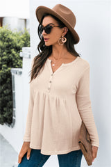Button Front Waffle Knit Babydoll Top