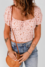 Floral Square Neck Puff Sleeve Cropped Top