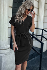 Button Detail Cuffed Dress with Pocket