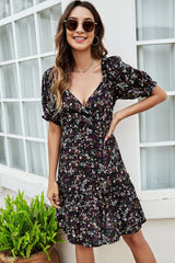 Floral Frill Trim Tiered Puff Sleeve Dress