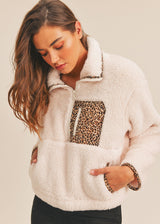 Wild Side Cream Sherpa and Animal Print Half Zip Pullover