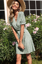 Floral Puff Sleeve Surplice Dress