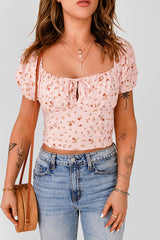 Floral Square Neck Puff Sleeve Cropped Top