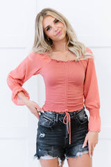 Chocolate USA Drawstring Off-Shoulder Flounce Sleeve Cropped Top