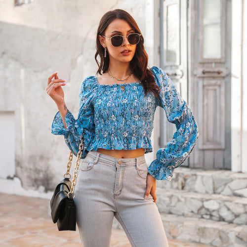 Floral Bubble Sleeve Smocked Top